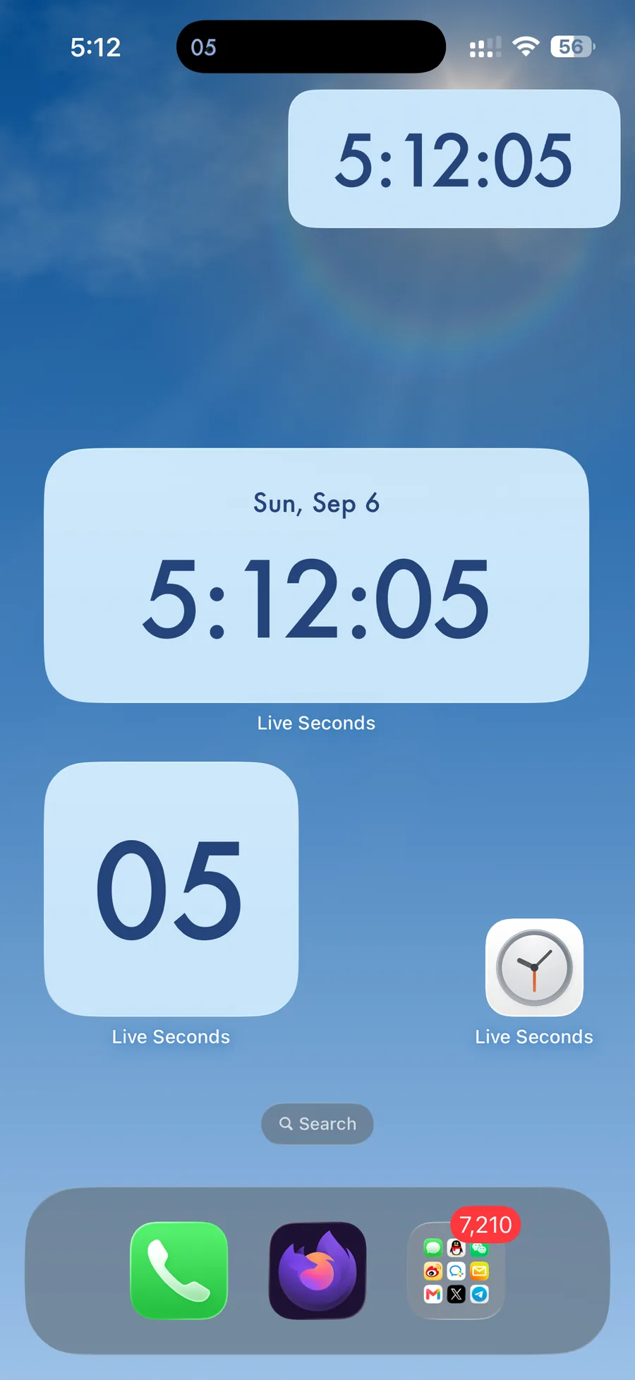Live Seconds Home Screen widgets in every size, from a compact seconds tile to a full date and time card
